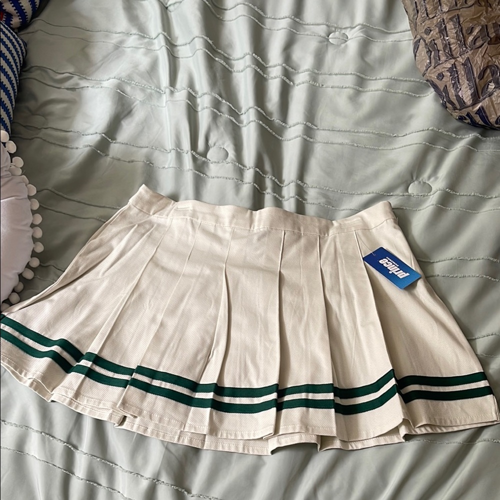 Pleated White Skirt with Green Stripes